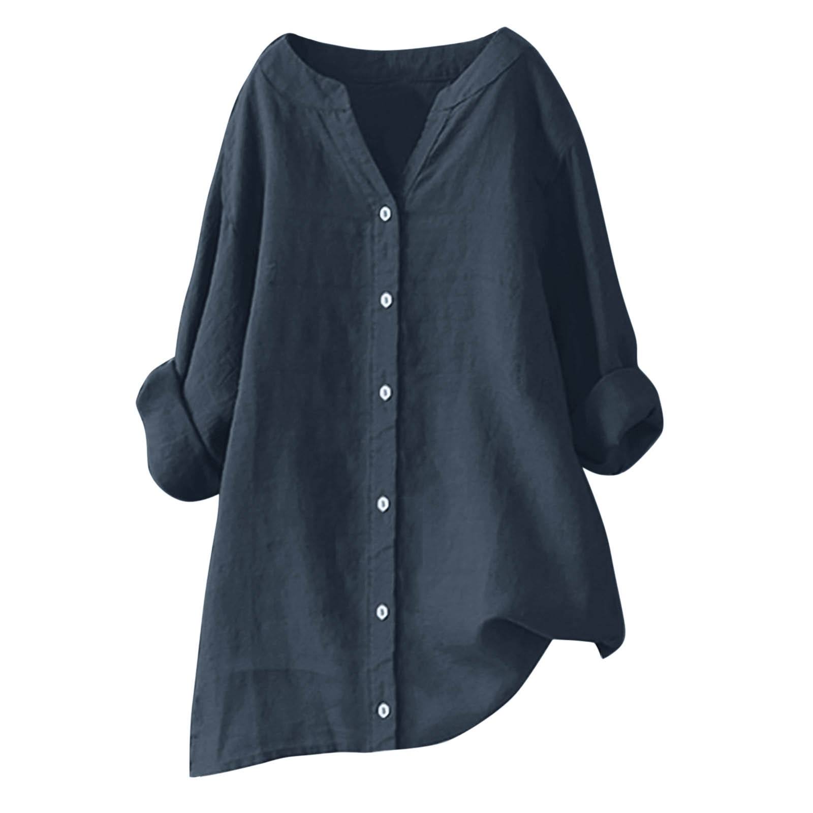 thumbnail image 4 of Blusa de manga larga con botones para mujer - Camisa informal lisa con cuello en V y corte holgado - Adecuada para el trabajo, citas o compras - Tallas S-XXXXXL, tejido de poliéster, 4 of 4